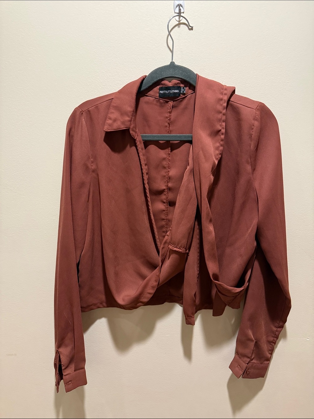PrettyLittleThing Rust Brown Tie-Front Button Down Shirt
